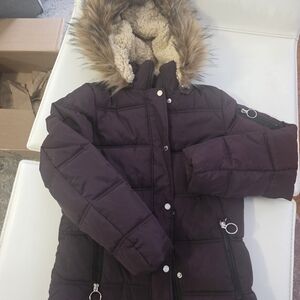 Plum Puffer Coat with Faux Fur Hood